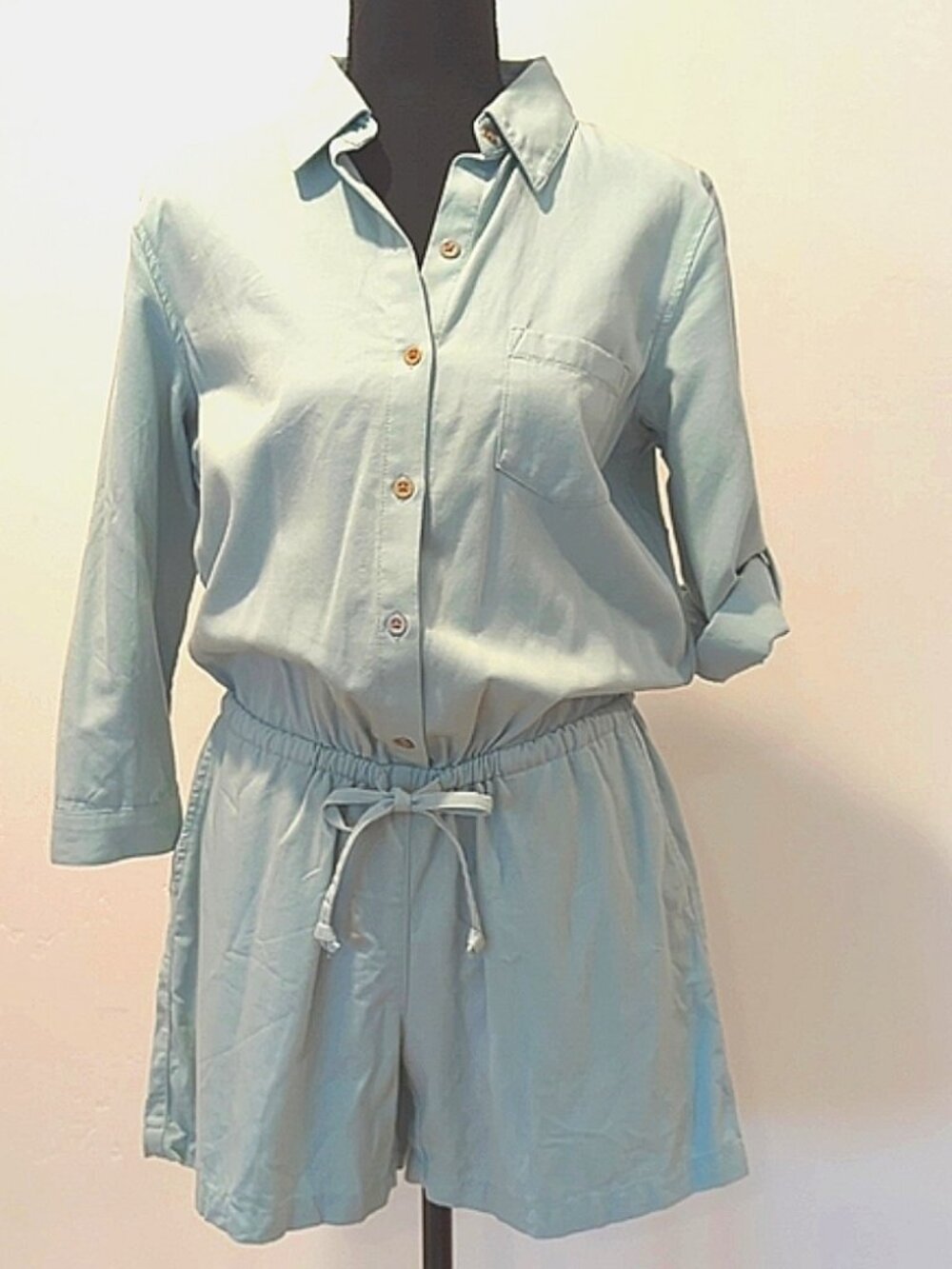 Light Blue Chambray Women's Romper - Casual Short Jumpsuit - Picture 2 of 3